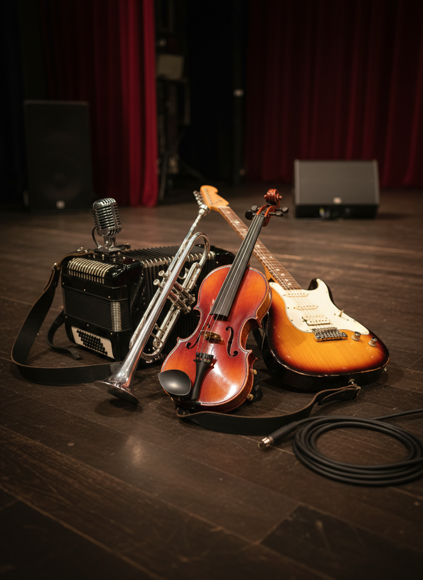 A carefully arranged collection of musical instruments favored by an energetic Eastern Slovak party band: a richly lacquered folk-style violin with carved details, a shining chromed trumpet, a black accordion with pearlescent keys, and a classic sunburst electric guitar. They are laid out on a dark wooden stage floor, with coiled instrument cables and a microphone resting nearby. Soft golden hour light streams from stage-side, casting elongated, warm shadows and highlighting the textures of wood, metal, and leather straps. The background fades into a subtle blur of stage curtains and discreet speakers. Photographic realism, shot from a slightly elevated angle, with a warm, celebratory, and authentic atmosphere.
