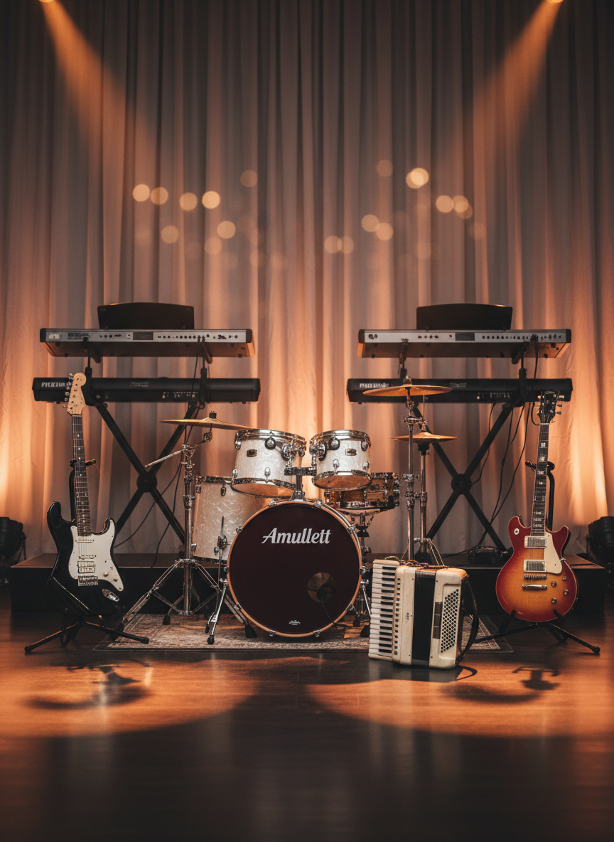 A polished stage setup for a professional Slovak wedding band, with a gleaming drum kit featuring the band name “Amullet” in clean white lettering on a deep burgundy bass drum. Around it, black and sunburst electric guitars rest on sturdy stands, a glossy accordion shines under the lights, and sleek keyboards sit on a modern stand. The backdrop shows elegant, neutral-colored curtains and subtle LED uplighting in warm amber tones. Soft, focused stage lighting creates gentle reflections on the instruments, with the rest of the ballroom fading into a creamy bokeh. Photographic realism, eye-level composition, inviting, energetic yet refined atmosphere, perfect for a music group homepage hero image.