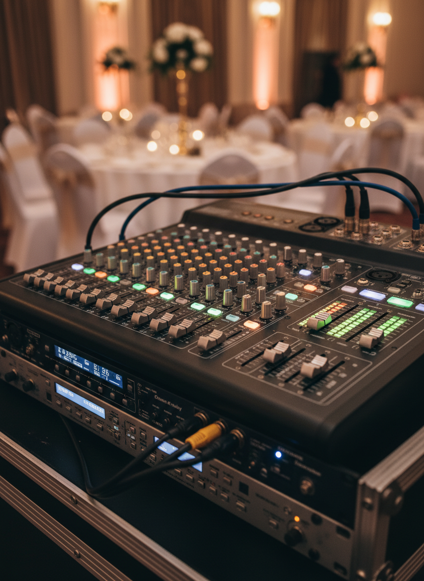 A close-up of a professional sound mixing console prepared for a lively wedding celebration, with colorful faders, knobs, and LED level meters glowing in coordinated greens, ambers, and reds. High-quality XLR cables curve neatly across the matte-black surface, leading to rack-mounted effects units with crisp digital displays. In the softly blurred background, hints of round banquet tables with white tablecloths and delicate golden decor suggest an elegant Slovak reception hall. Warm, directional lighting from above creates subtle highlights on the metal edges and buttons. Shot from a slightly angled perspective with shallow depth of field, in photographic realism, conveying precision, reliability, and a polished, professional music service.